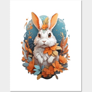 Cute Rabbit With Fantasy Flowers Splash Posters and Art